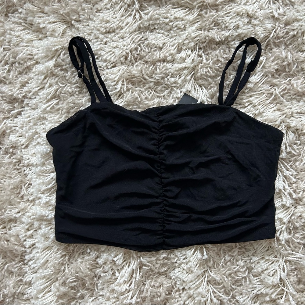 Ruched mesh (non see through) black spaghetti strap crop top in black. Small
